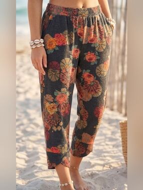 Urban Outfitters Boho Floral Tapestry Tulip Hem Pants XS Charcoal Orange Knit